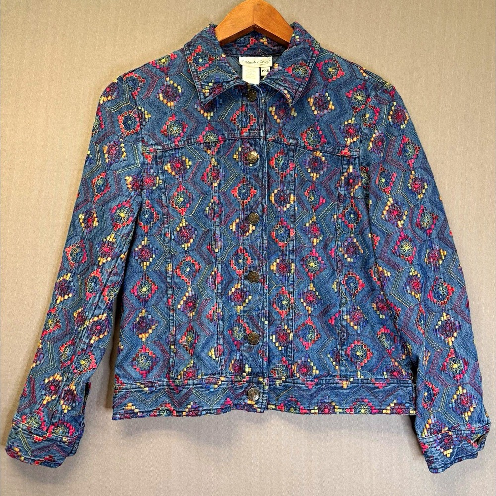 Coldwater Creek All Over Embroidered Denim Jacket Petite XS Geometric Boho